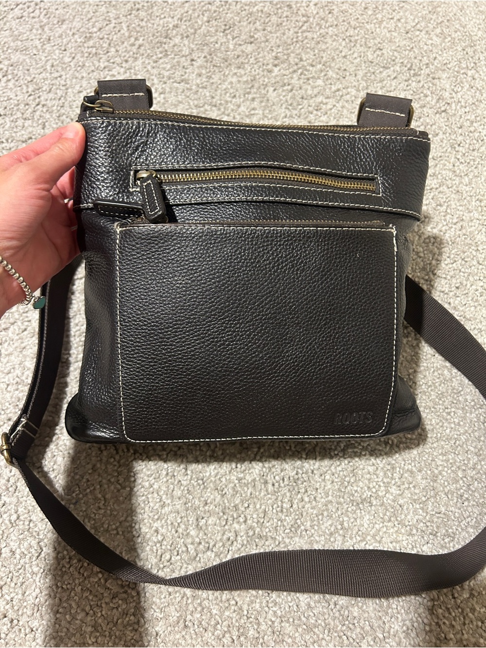 Roots Black Leather Messenger Crossbody Bag with Contrast Stitching